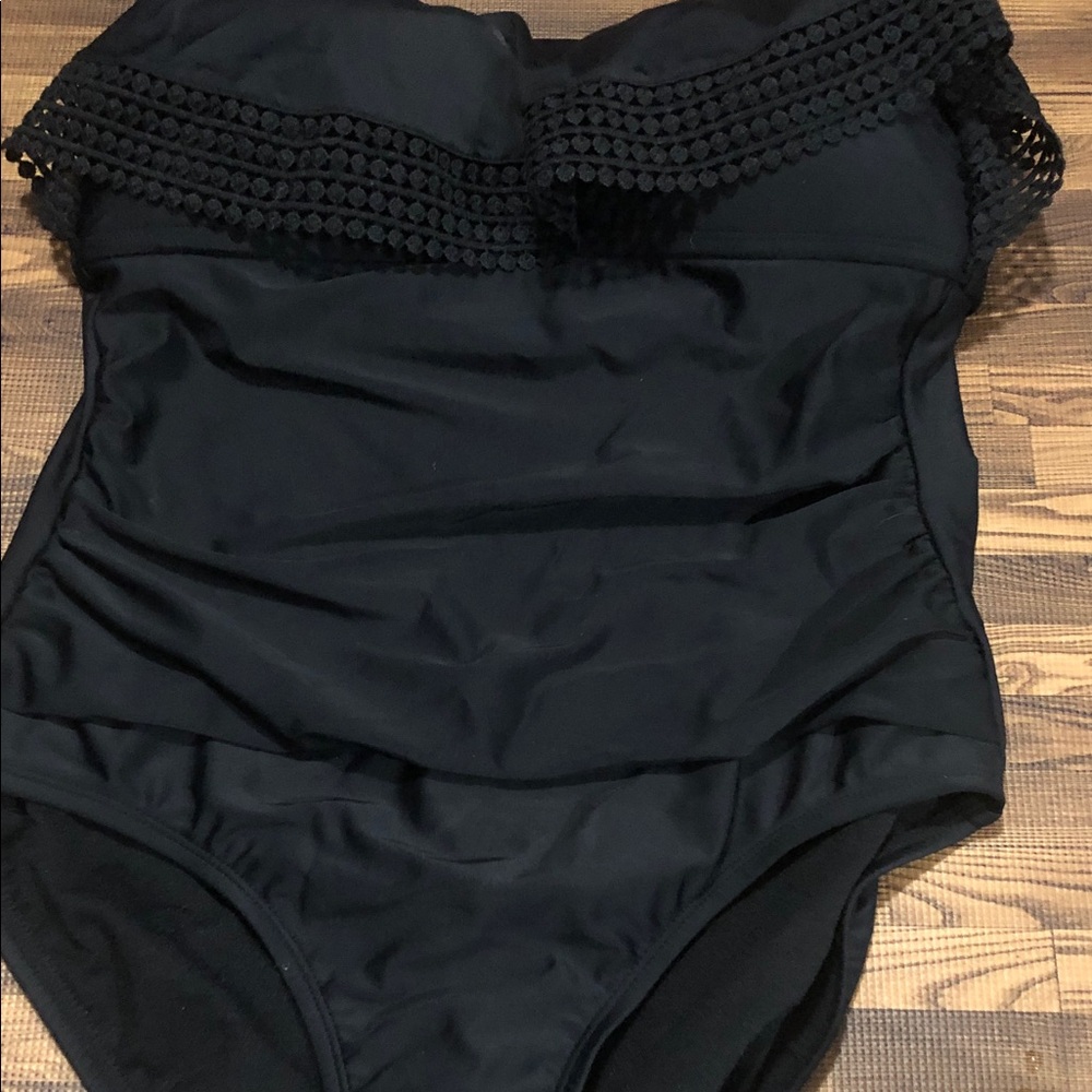 Kona Sol Black One-Piece Swimsuit with Crochet Trim